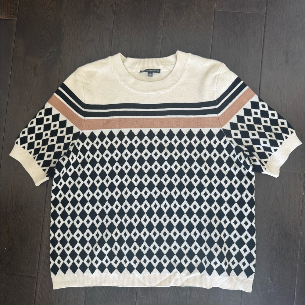 Adrianna Papell Cream, Black & Brown Diamond Knit Short-Sleeve Sweater